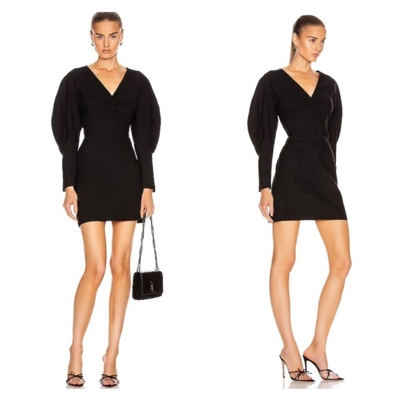 NWT A.L.C. Aila Black Puff Sleeve Mini Dress V Neck Linen Blend Long Sleeve US 8 - Picture 1 of 11